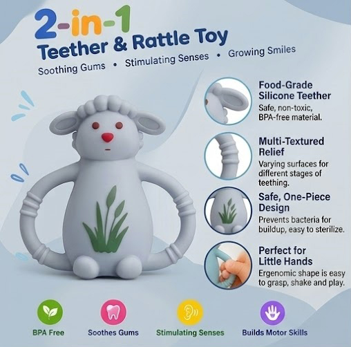 Teether & Rattle Sheep round - Grey