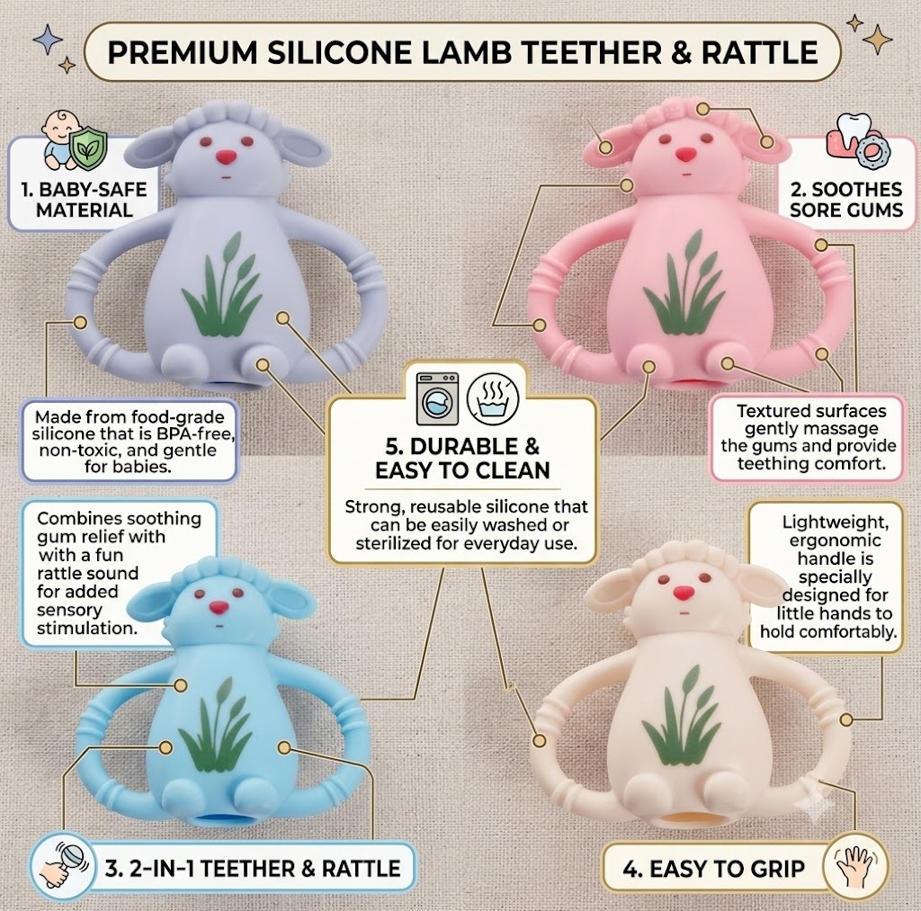 Teether & Rattle Sheep round - Grey